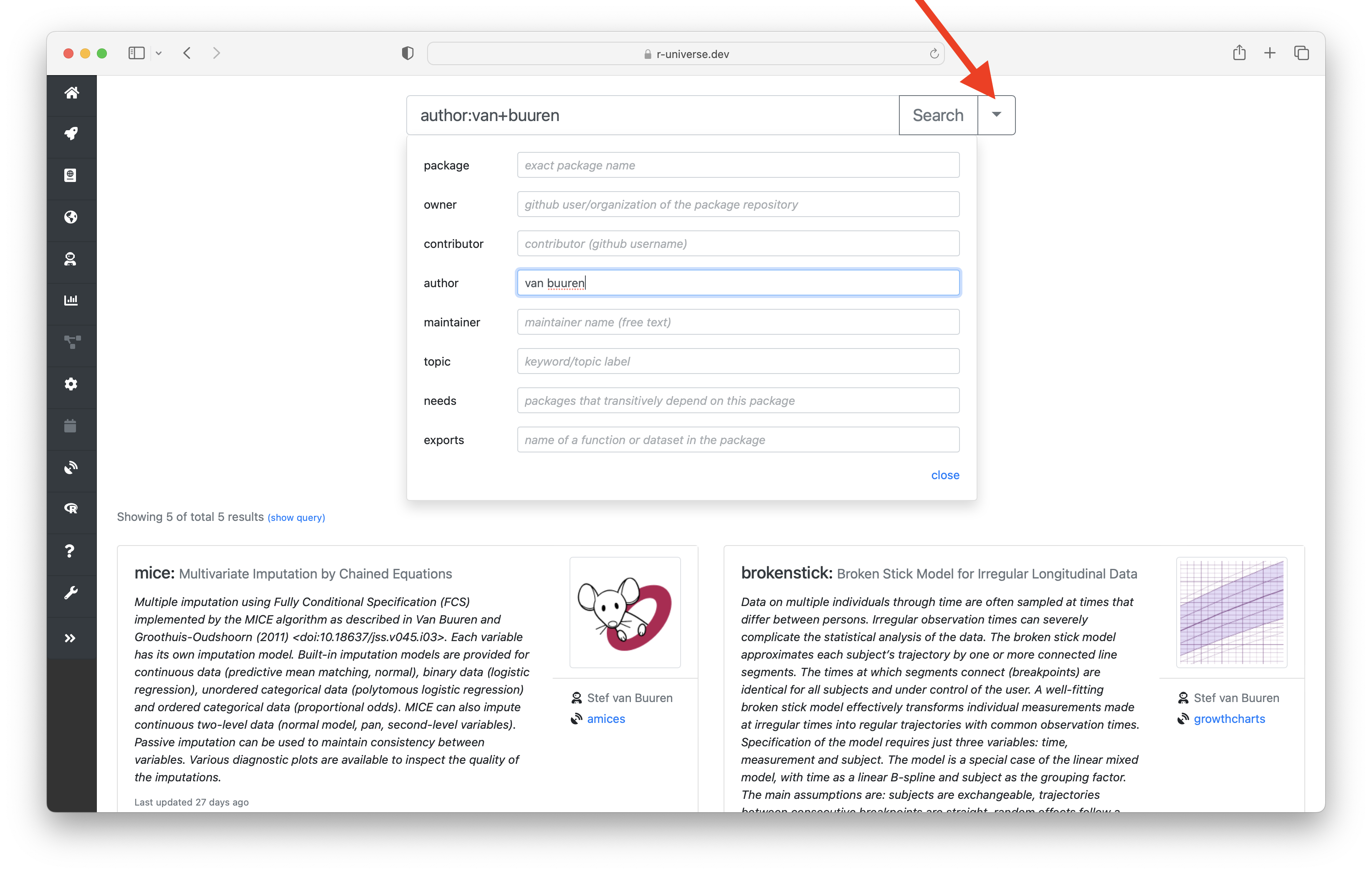 screenshot of the advanced search box