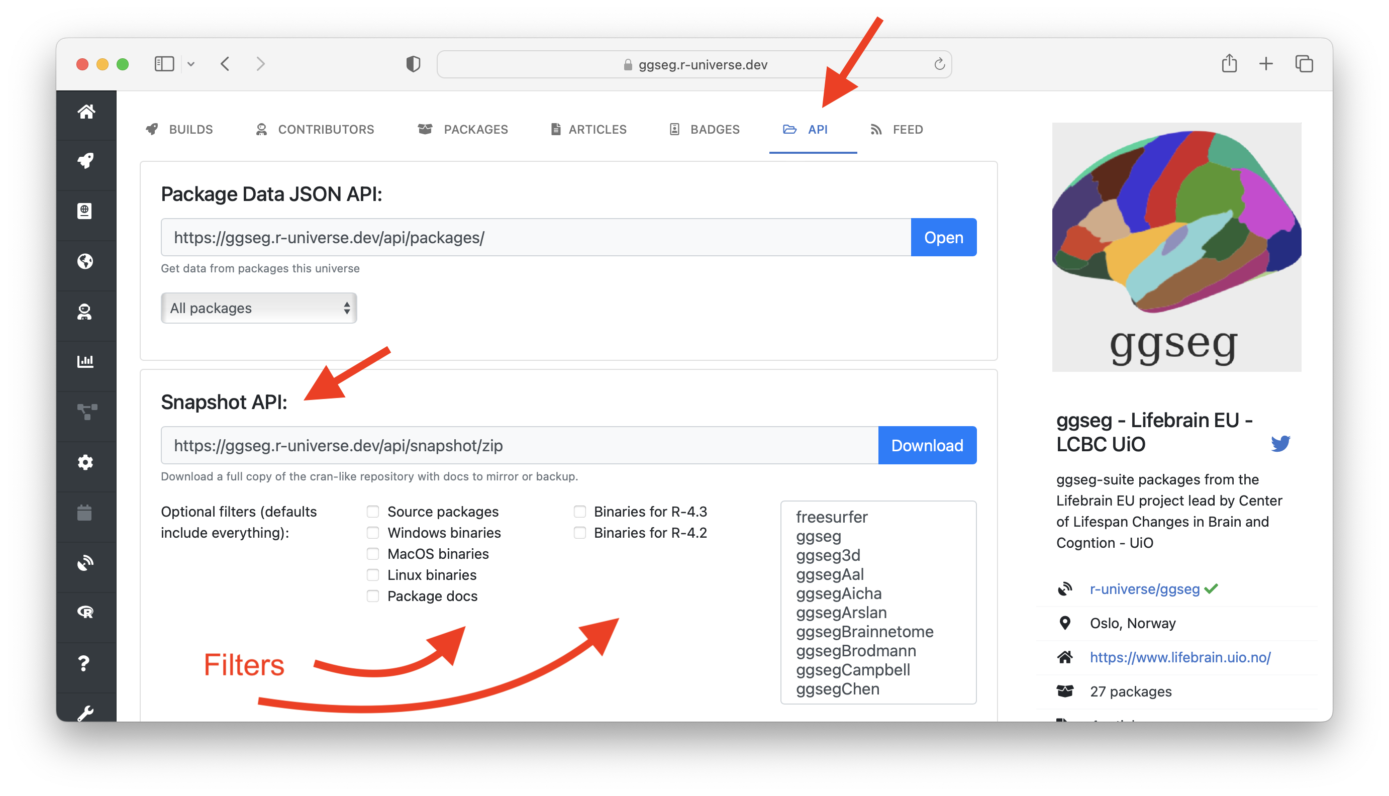 Screenshot of r-universe API explorer tab.