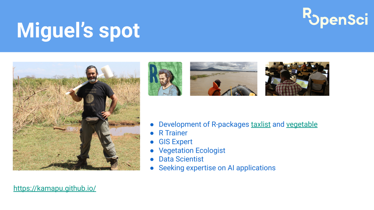 Example slide introducing the April community host, Miguel