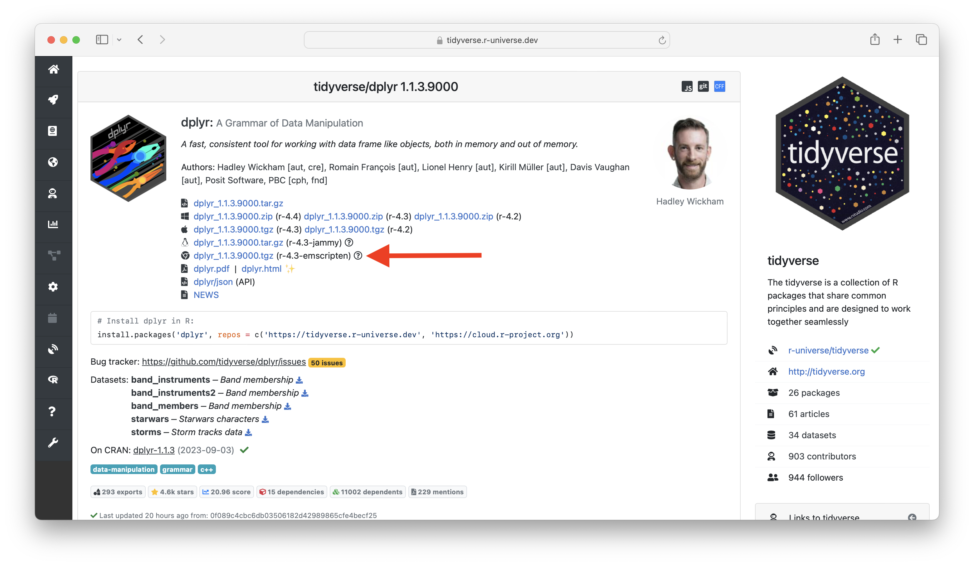 Screenshot of dplyr package homepage on r-universe
