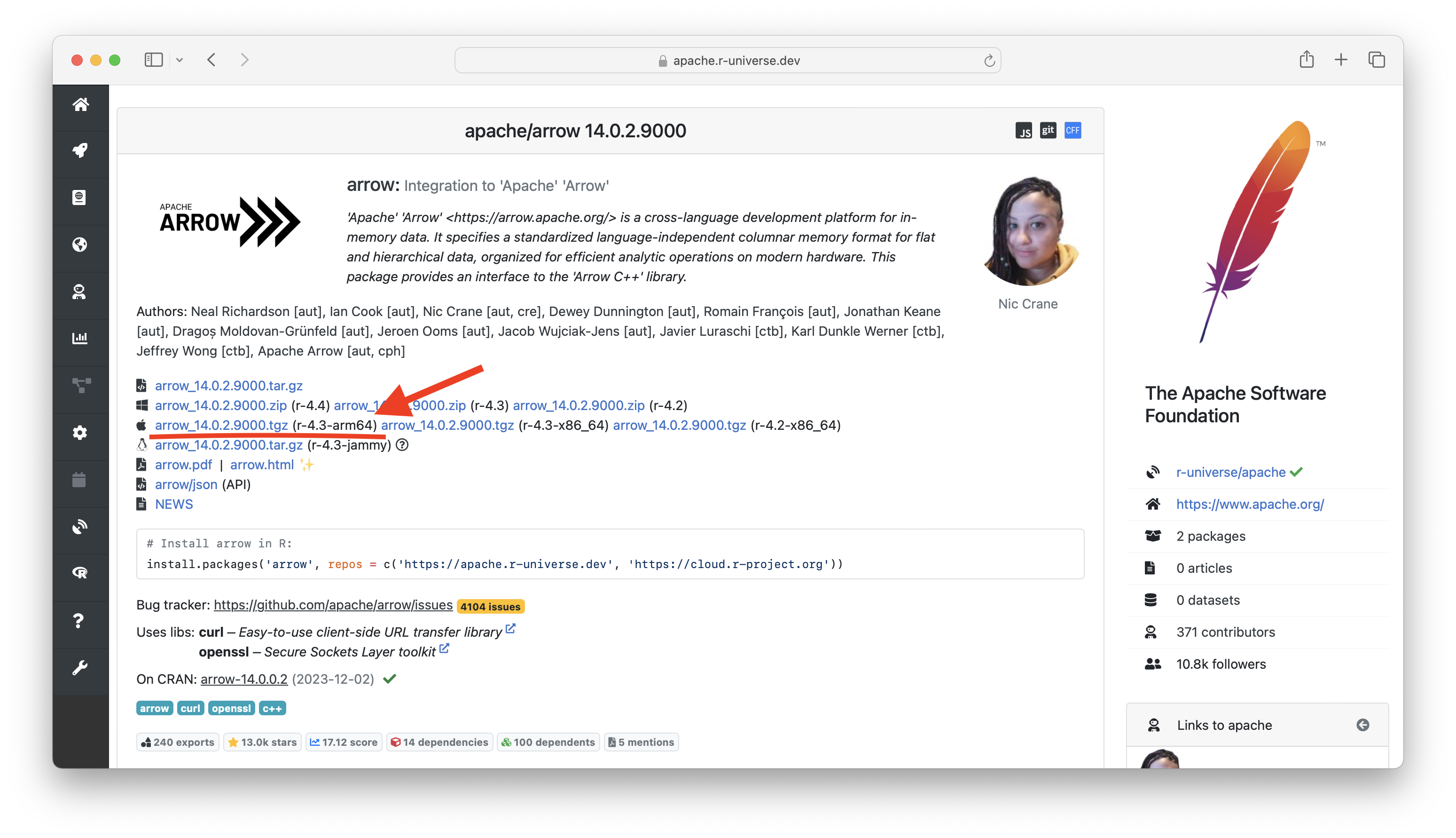 Screenshot of r-universe apache arrow homepage