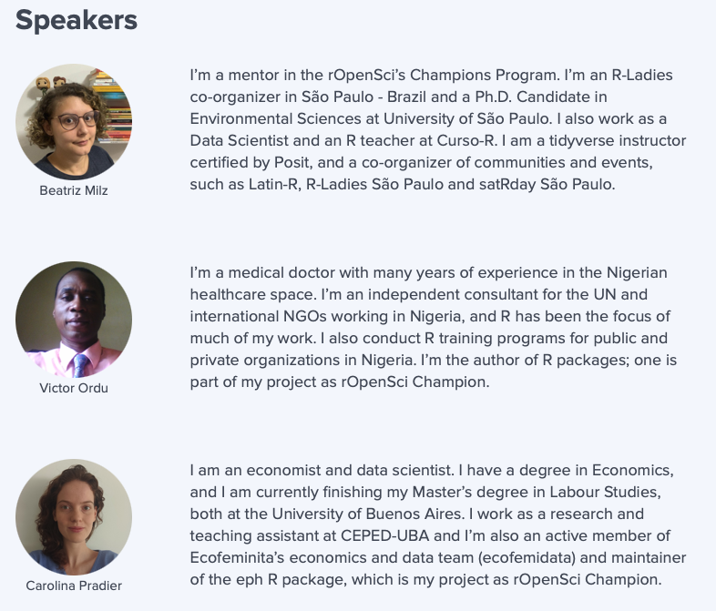 Community Call Speaker details. A head shoot of Beatriz, Carolina and Victor and a short bio about each of them.