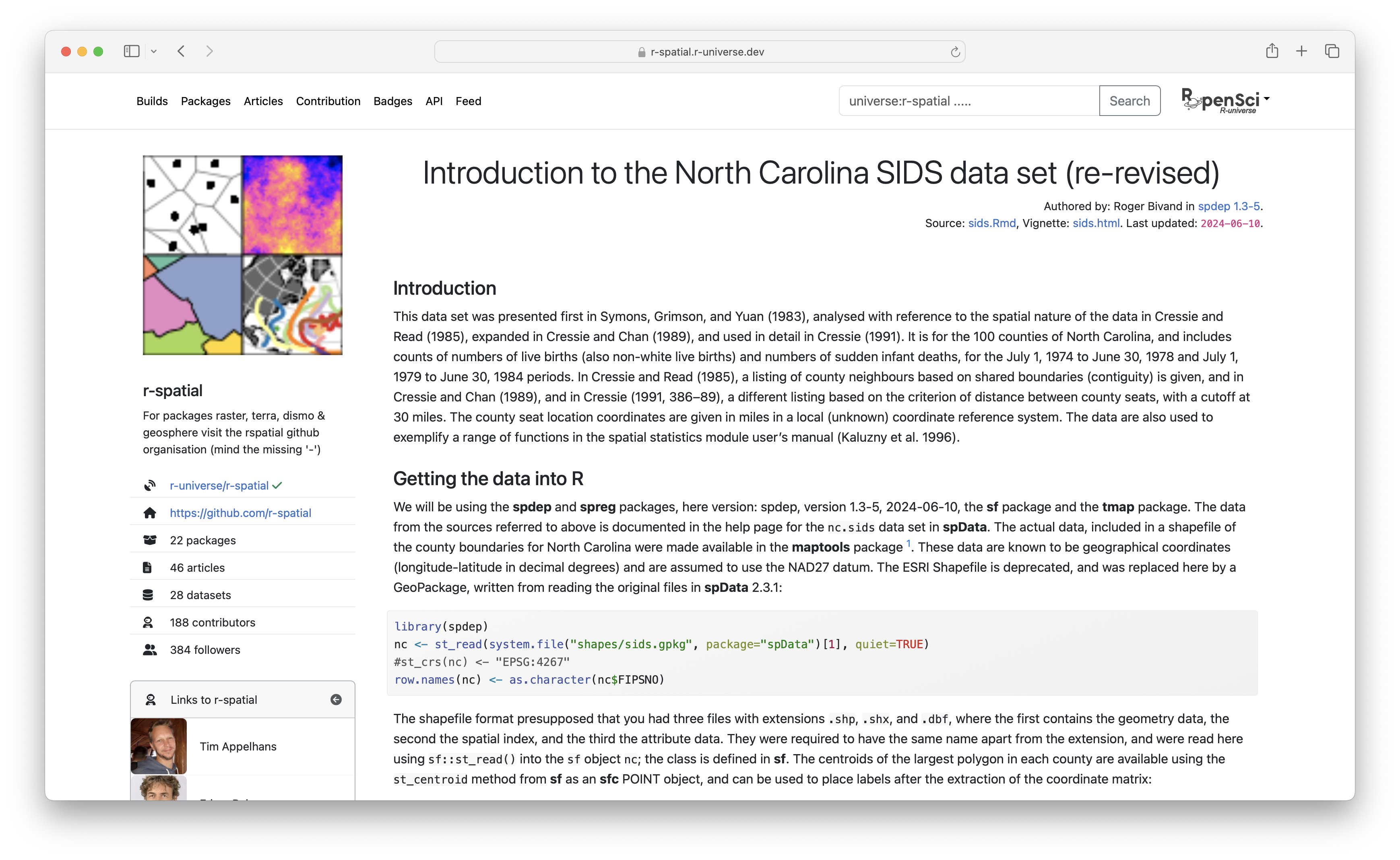 Screenshot viewing an article on r-universe