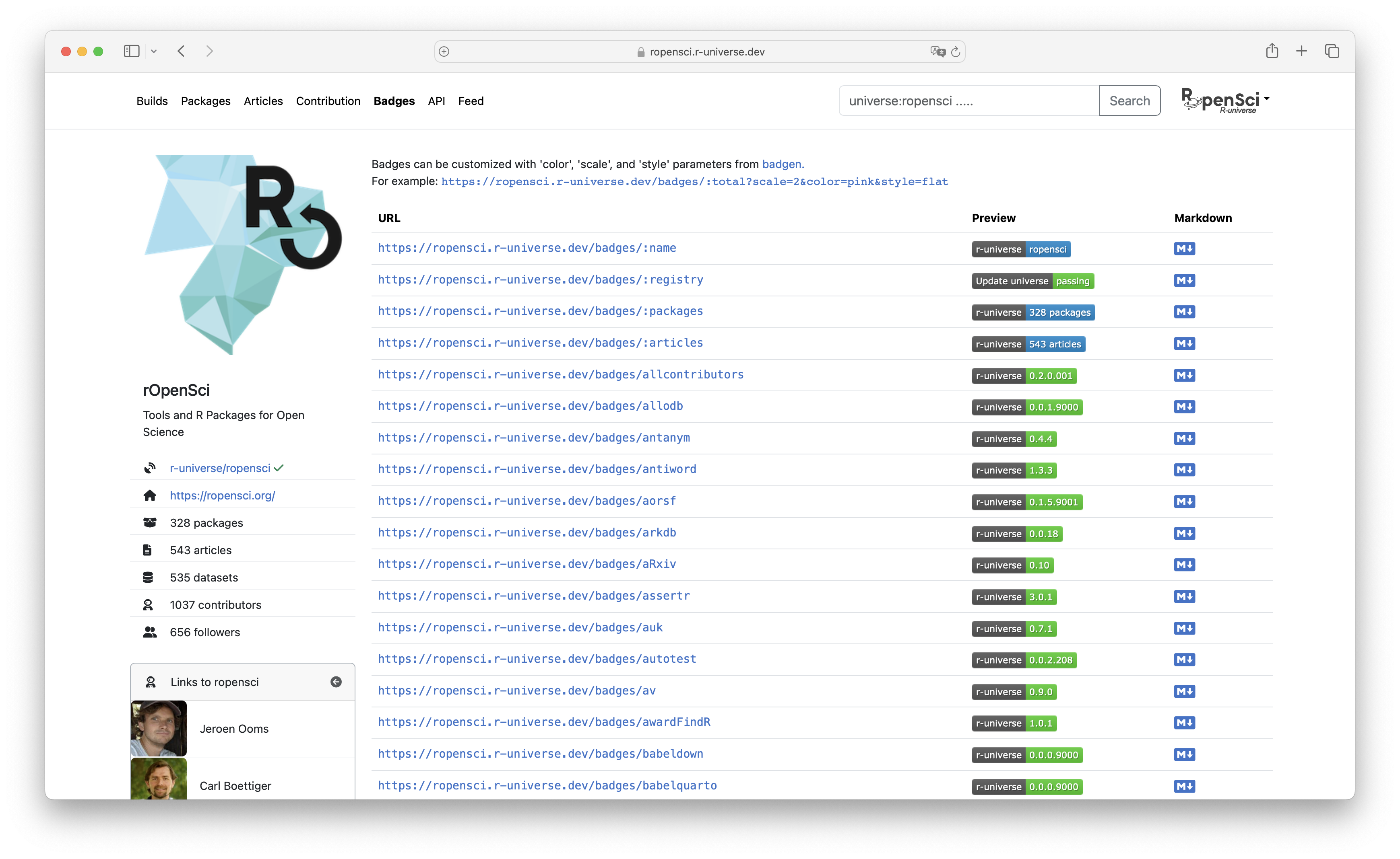 Screenshot of badges tab of a repository.