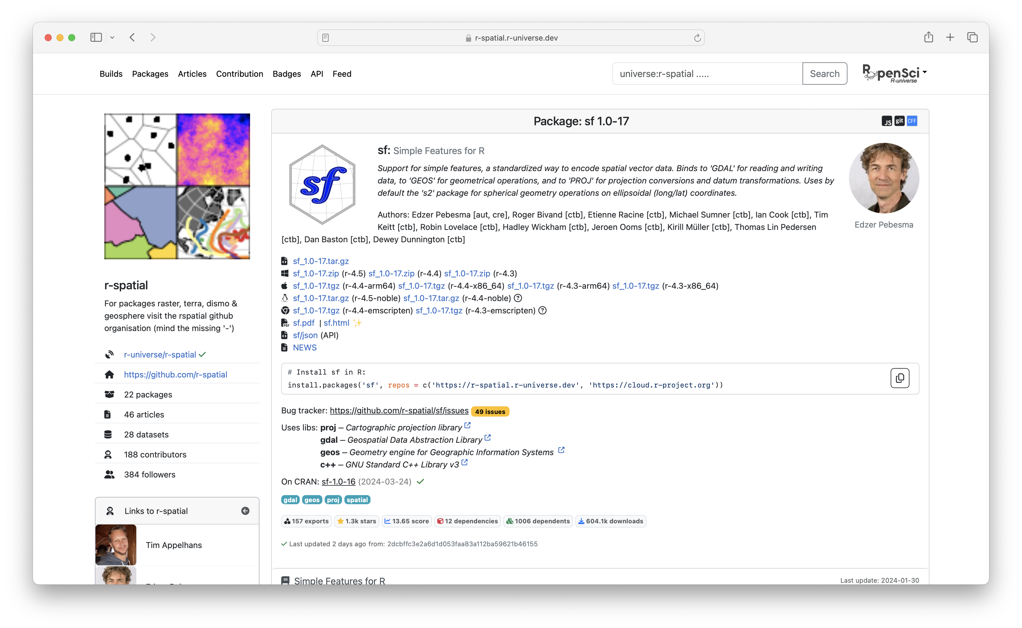 Screenshot of a package homepage on r-universe