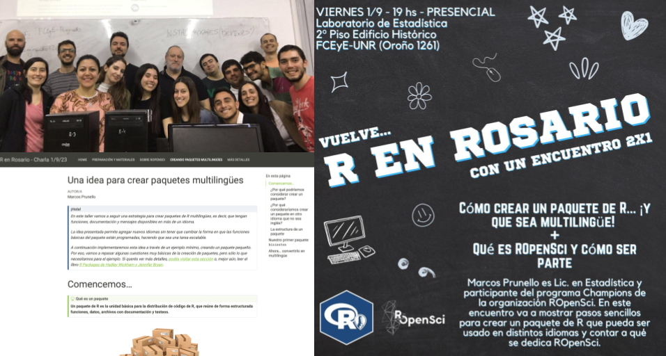 Three panels: A photo of Marcos Prunello with the RenRosario meetup attendees,  a screenshoot of Marcos's workshop material, and flyer of the workshop and talk about rOpenSci