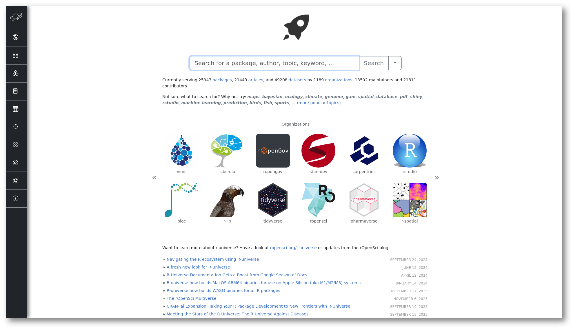 Screenshot of R-universe search interface, showing the search bar