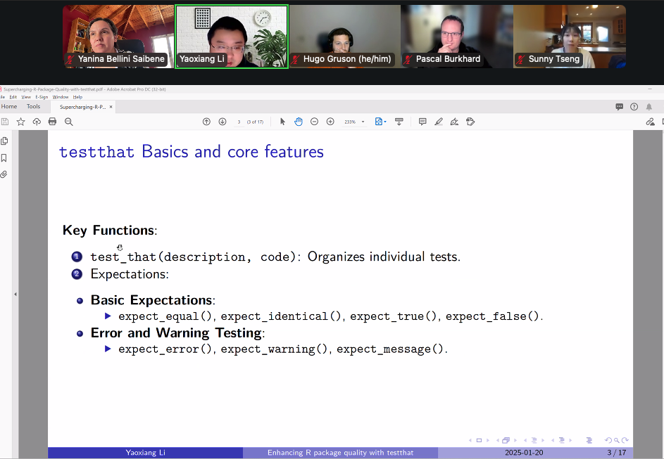 Slide from Yaoxiang's presentation featuring testthat Basics and core features, such as the test_that function, basic expectations like expect_equal, and error and warning testing like expect_error and expect_warning.