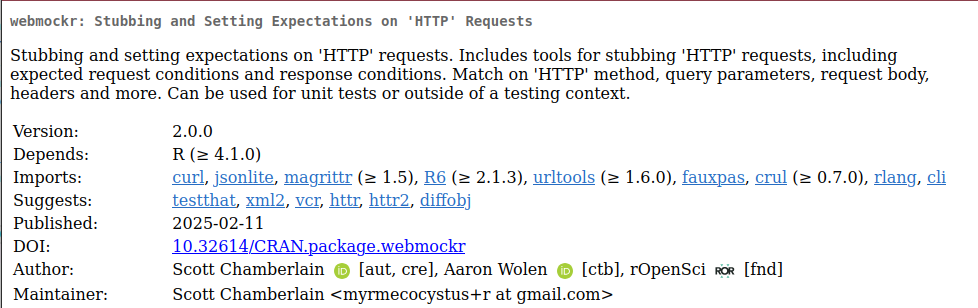 Screenshot of the CRAN page of the vcr package. Near the names of human authors Scott Chamberlain and Aaron Wolen are small ORCID icons. Near the name of the organizational author rOpenSci is a small ROR icon.
